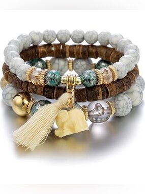 Ivory Tassel & Brown Stackable Beaded Bracelet Set